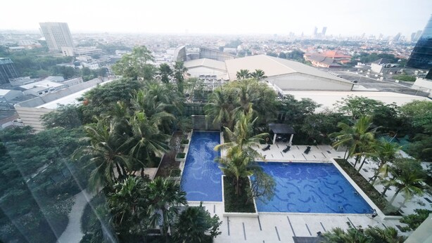 Un espace piscine aménagé sur le toit, avec des palmiers et une vue sur le paysage urbain.