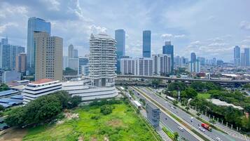 Un horizonte urbano con modernos rascacielos, una autopista y zonas verdes.