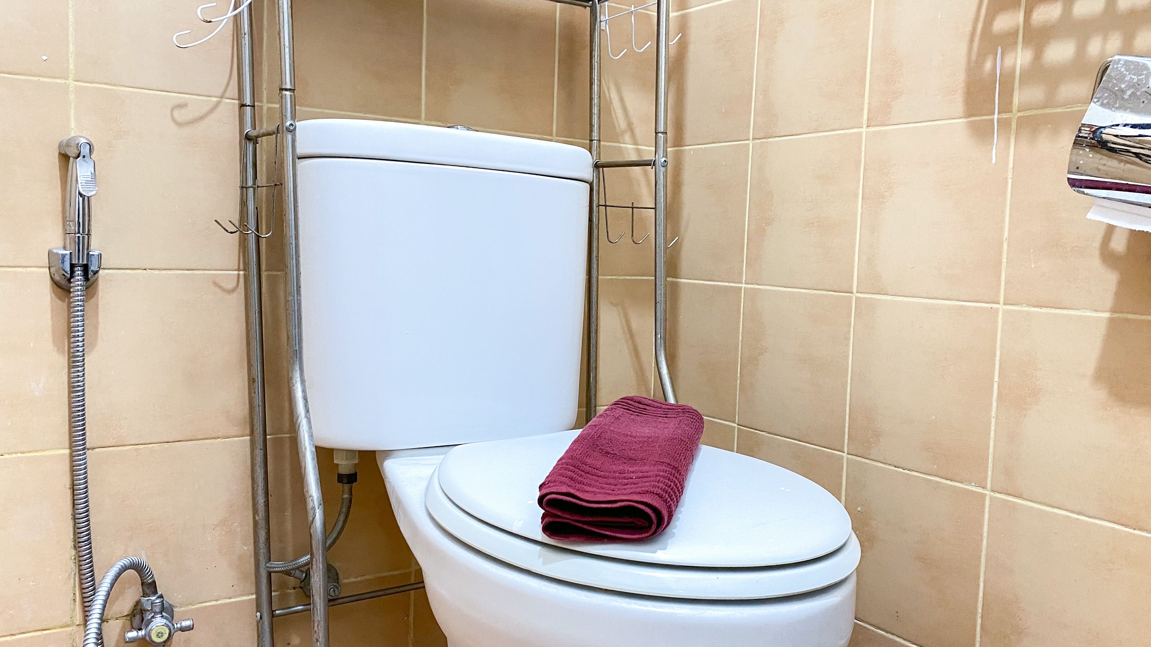 A bathroom with a white toilet, a shower head, and a towel on the seat.