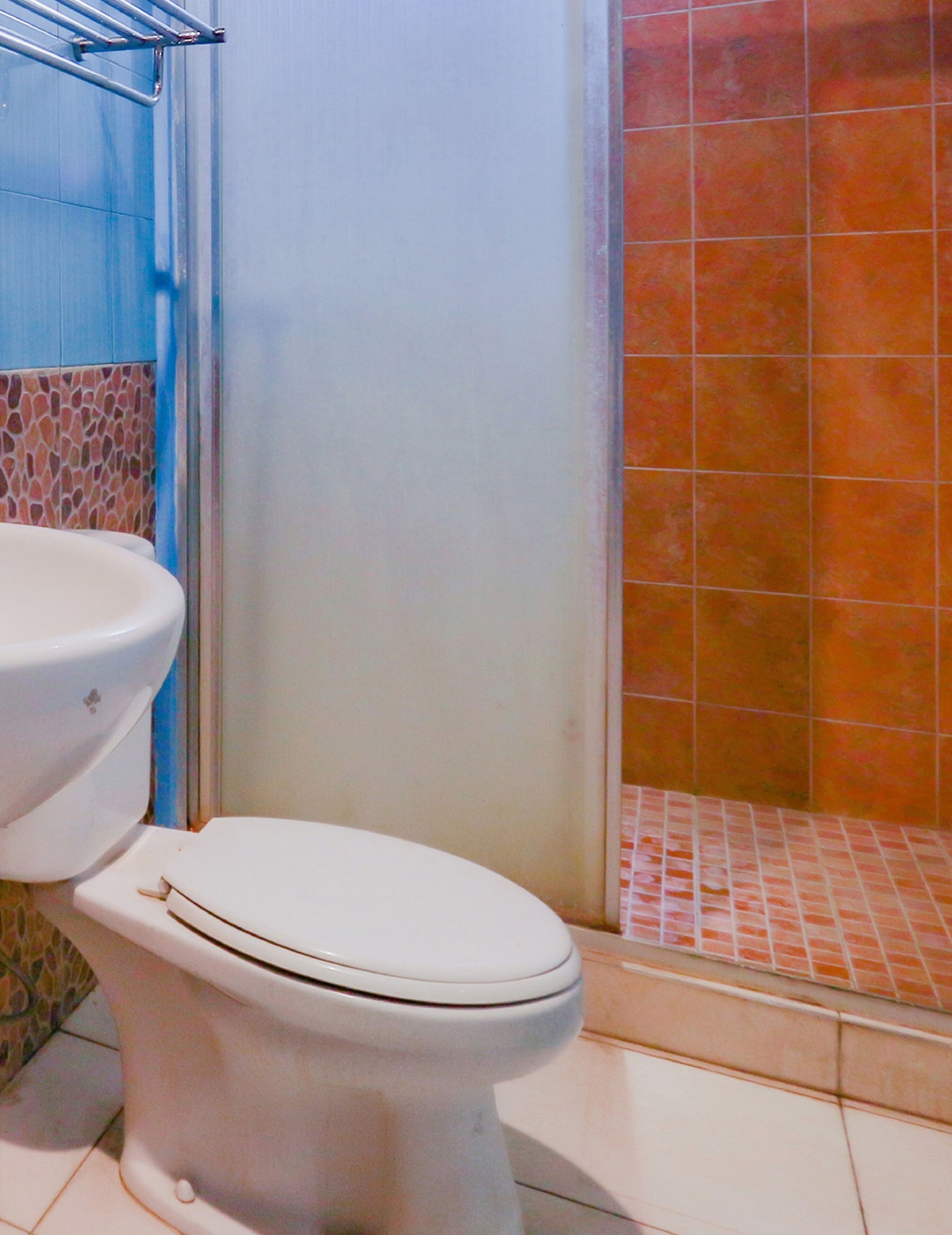 Shower, pancuran hujan, handuk, dan tisu toilet