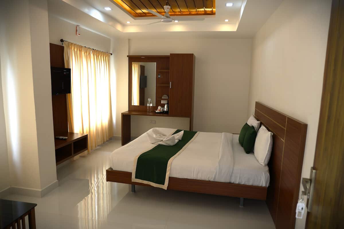 Una habitación de hotel con cama, televisión, escritorio y espejo.