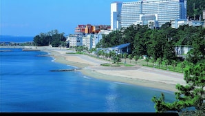 Eine Küstenstadtansicht mit einem markanten Hotel, das eine große Kuppel und mehrere Stockwerke aufweist, nahe einem Strand mit Palmen und blauem Himmel.