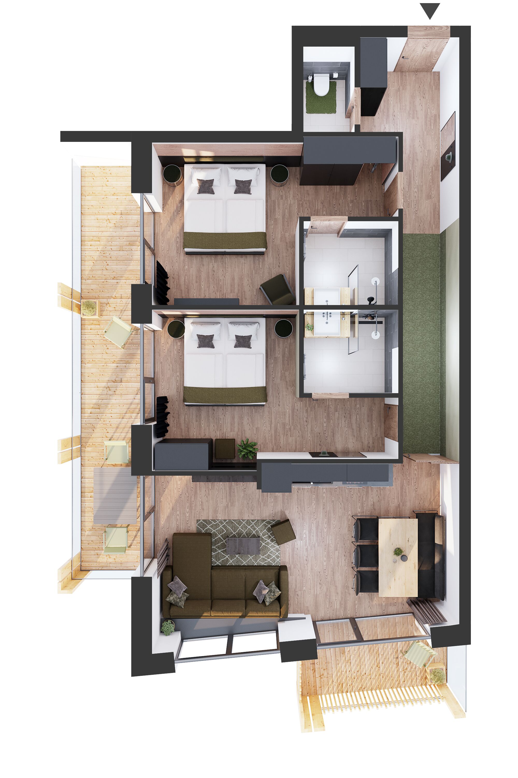 Distribución moderna de un apartamento con sala de estar, cocina, comedor y un balcón.