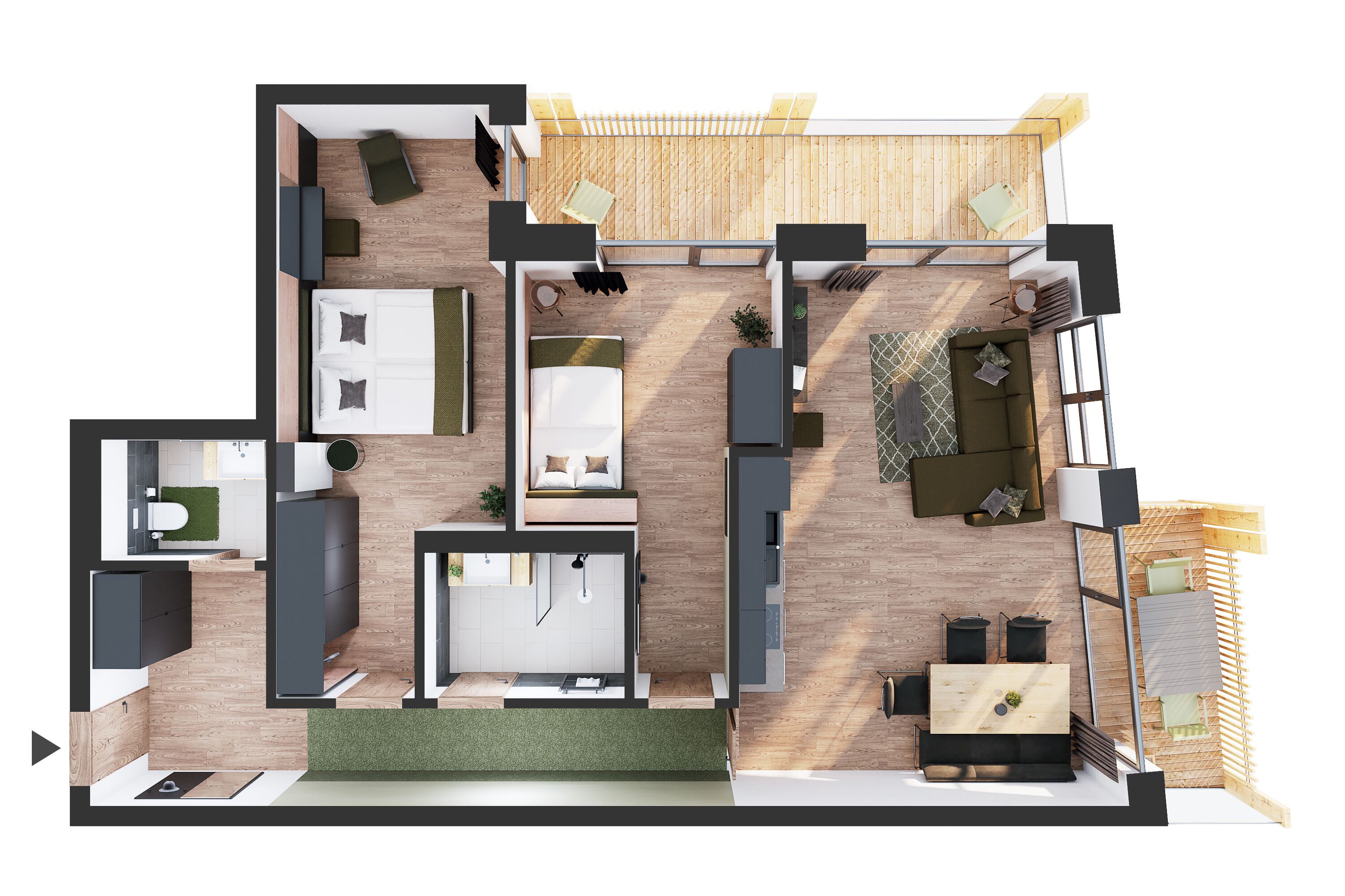 A modern apartment layout with a living area, kitchen, dining space, and a balcony.