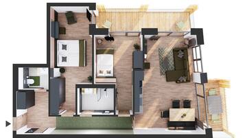 A modern apartment layout with a living area, kitchen, dining space, and a balcony.