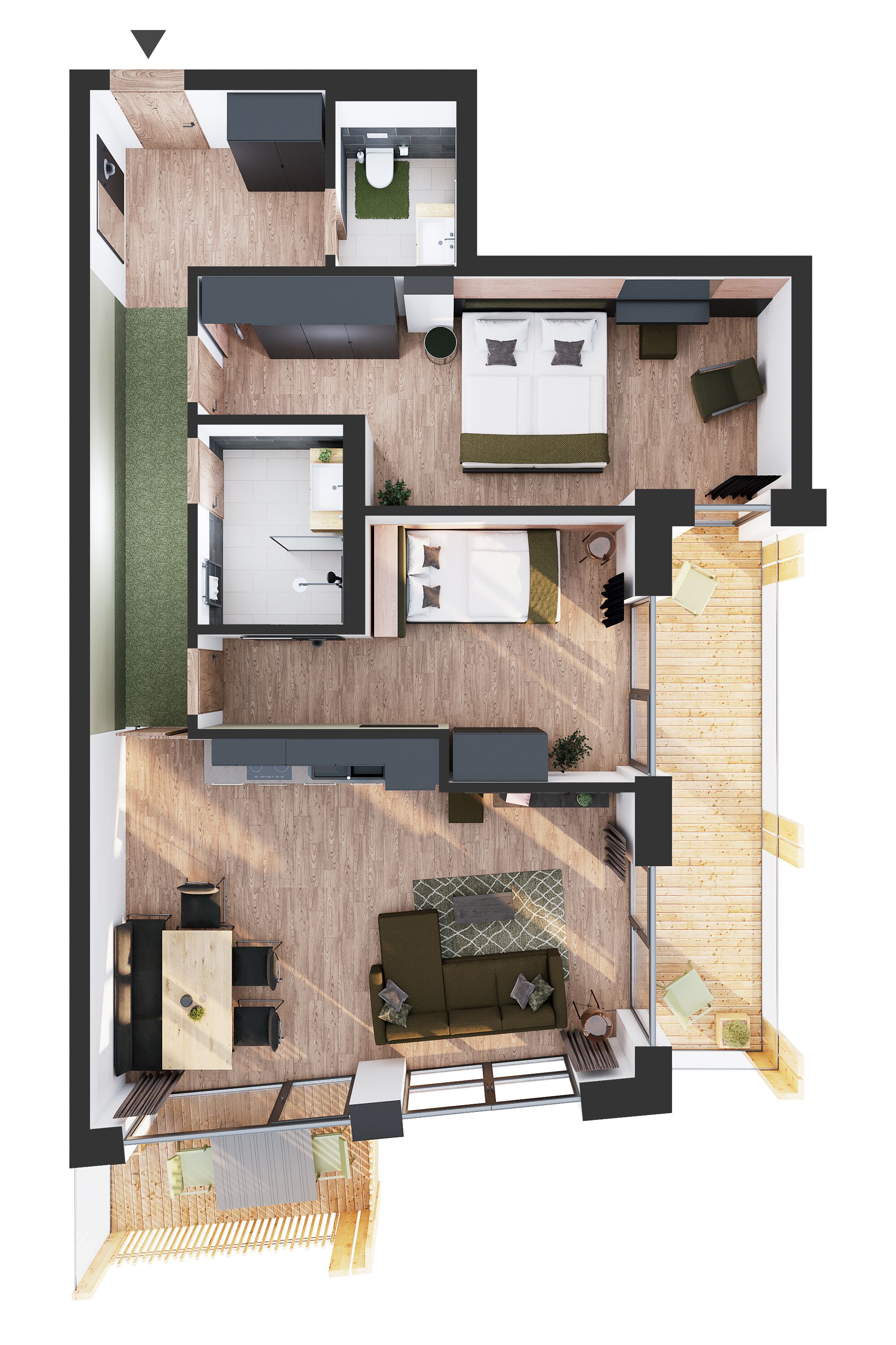 A modern apartment layout with a living room, kitchen, dining area, two bedrooms, and a balcony.