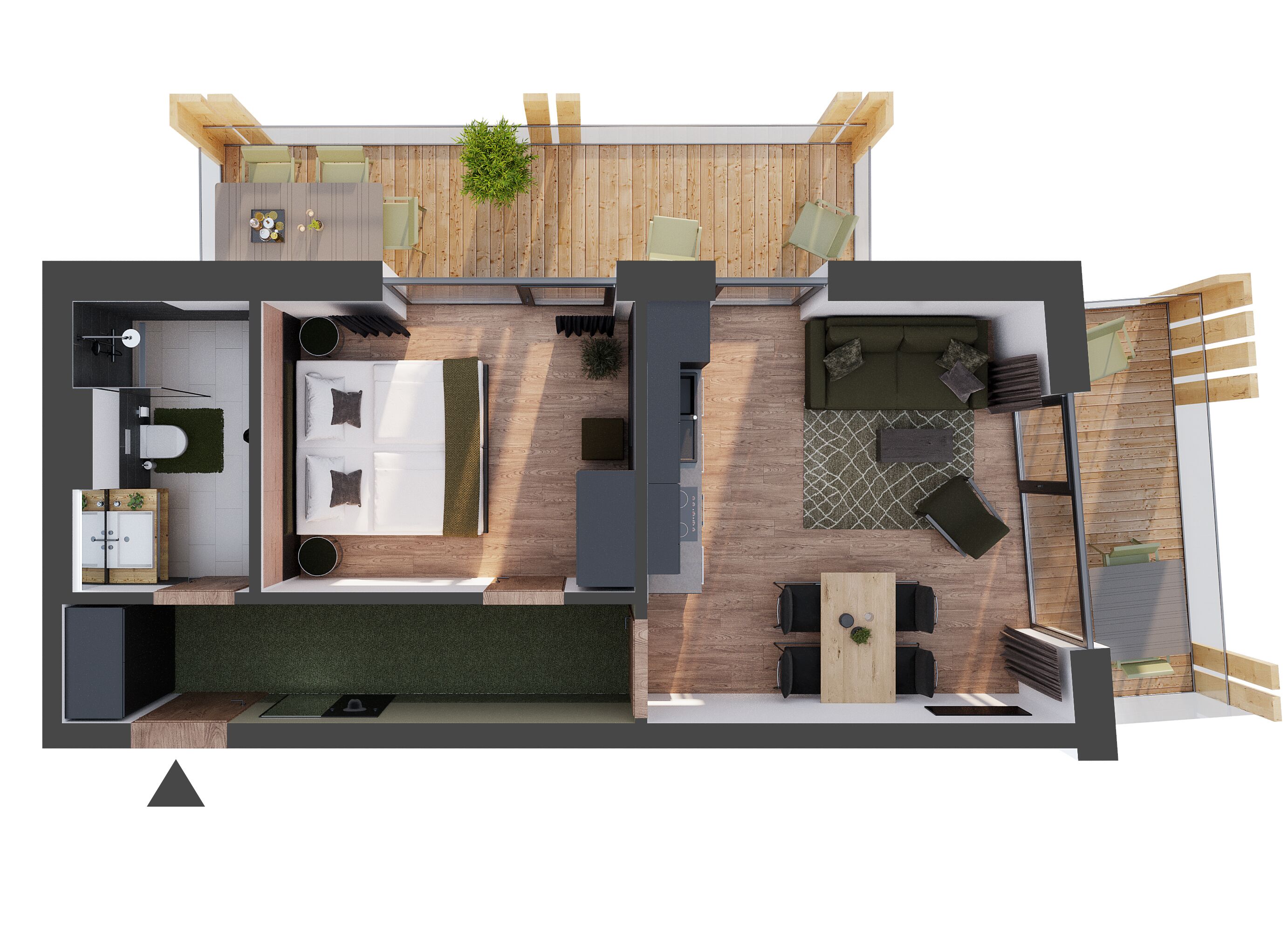 A modern apartment layout with a living room, kitchen, dining area, and a small balcony.