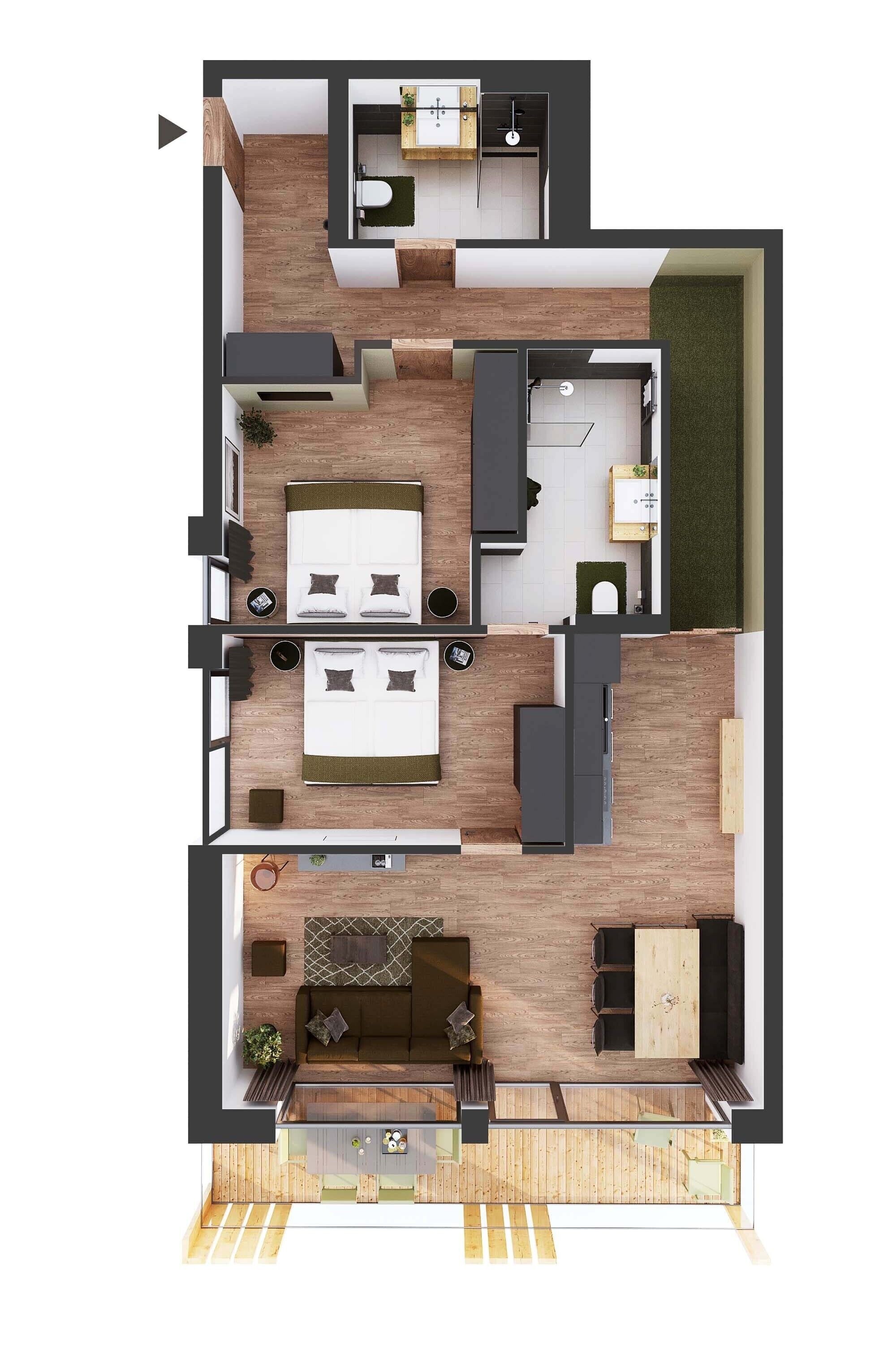Ein modernes Apartment mit Wohnbereich, Küche, zwei Schlafzimmern und einem Balkon.