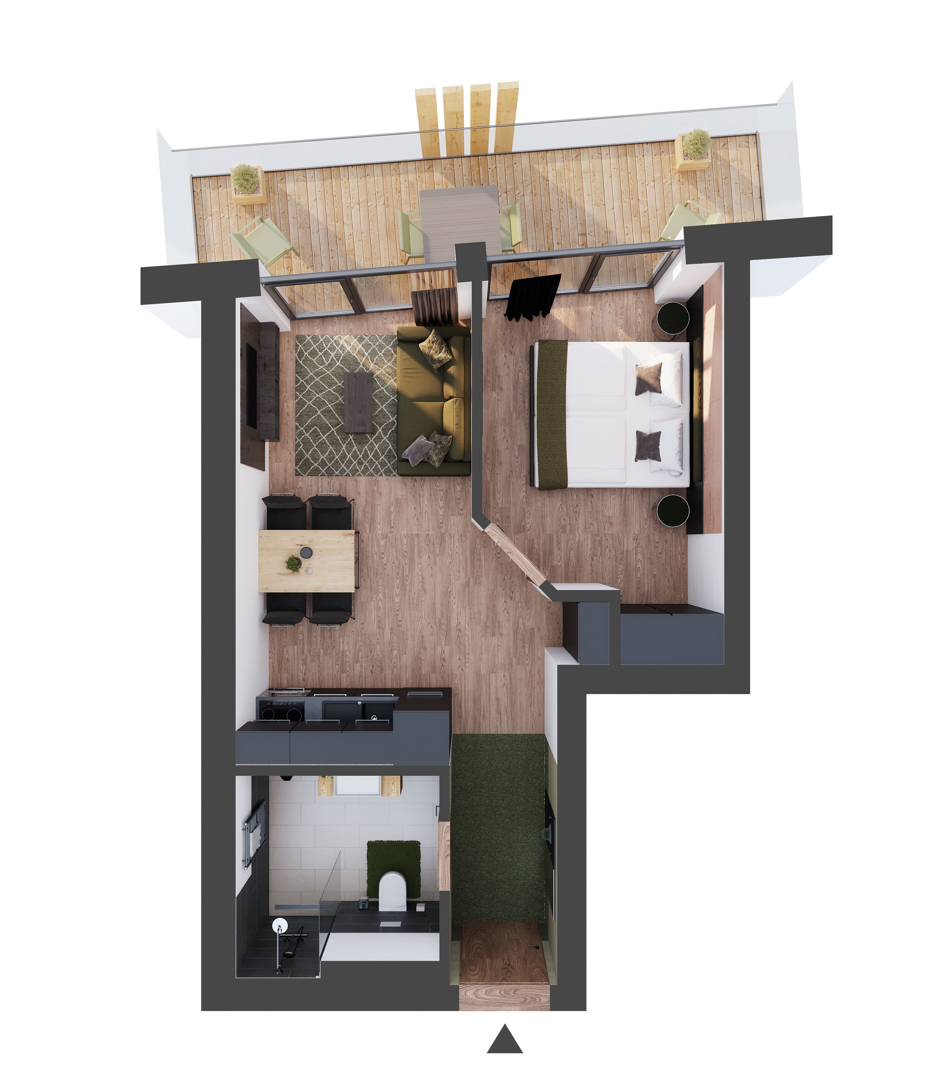 A modern apartment layout with a living room, dining area, kitchen, and a small balcony.