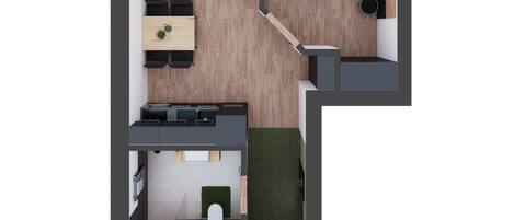 A modern apartment layout with a living room, dining area, kitchen, and a small balcony.
