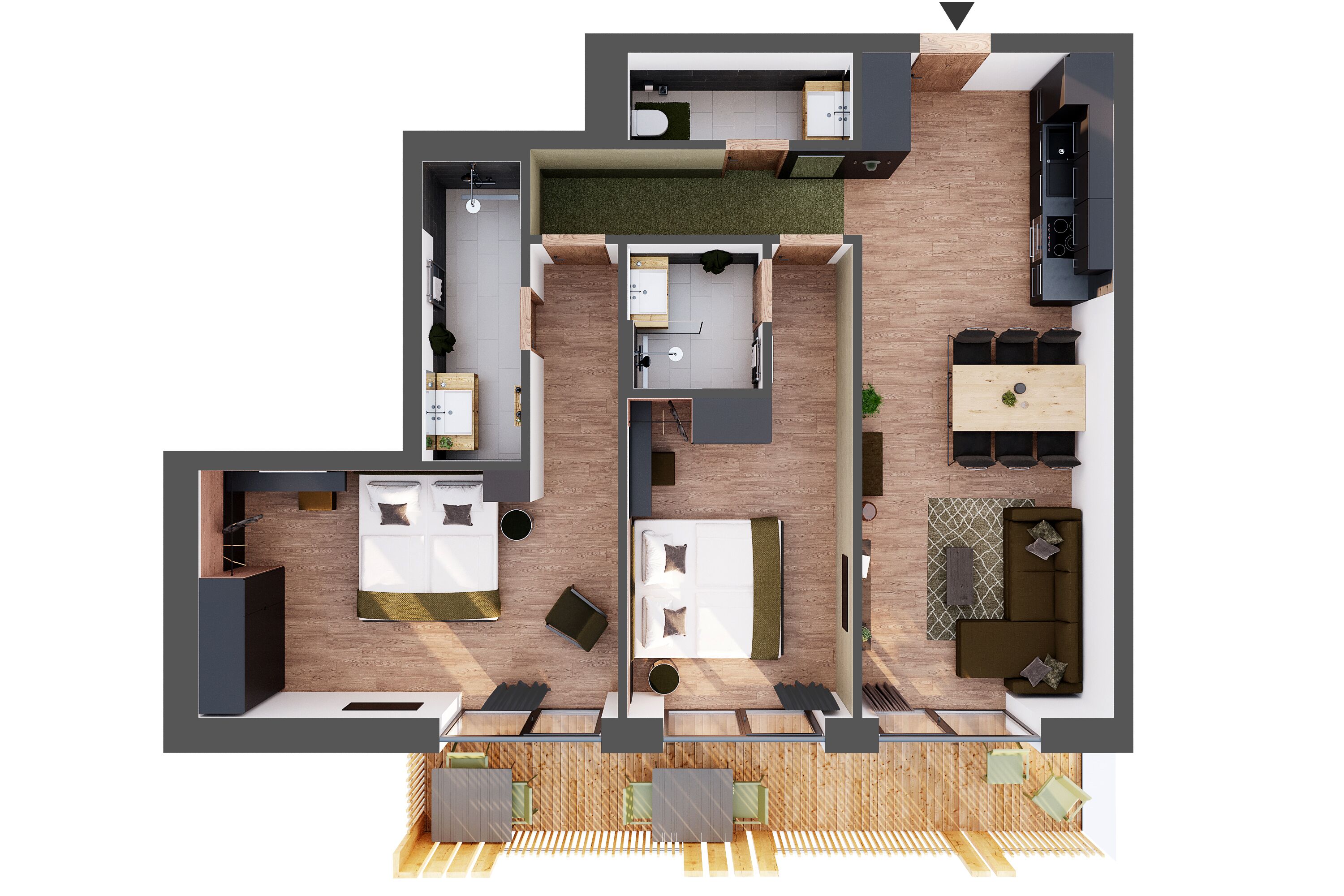 Un appartement moderne comprenant une cuisine, un coin repas, un salon et un balcon.