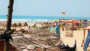 A beach with thatched huts, a flag, and surfboards. - Sri Lanka Surf Villa (Koggala)