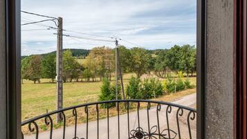 A view from a balcony with a metal railing, overlooking a rural landscape with trees and a clear sky.