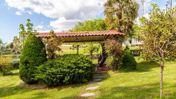A garden with a pergola, a pathway, and a bench.