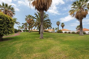A well-maintained grassy area with palm trees and a pathway. - Holiday Home 'Villa Verde Superior' with Sea View, Wi-Fi and Air Conditioning (dos pinos)