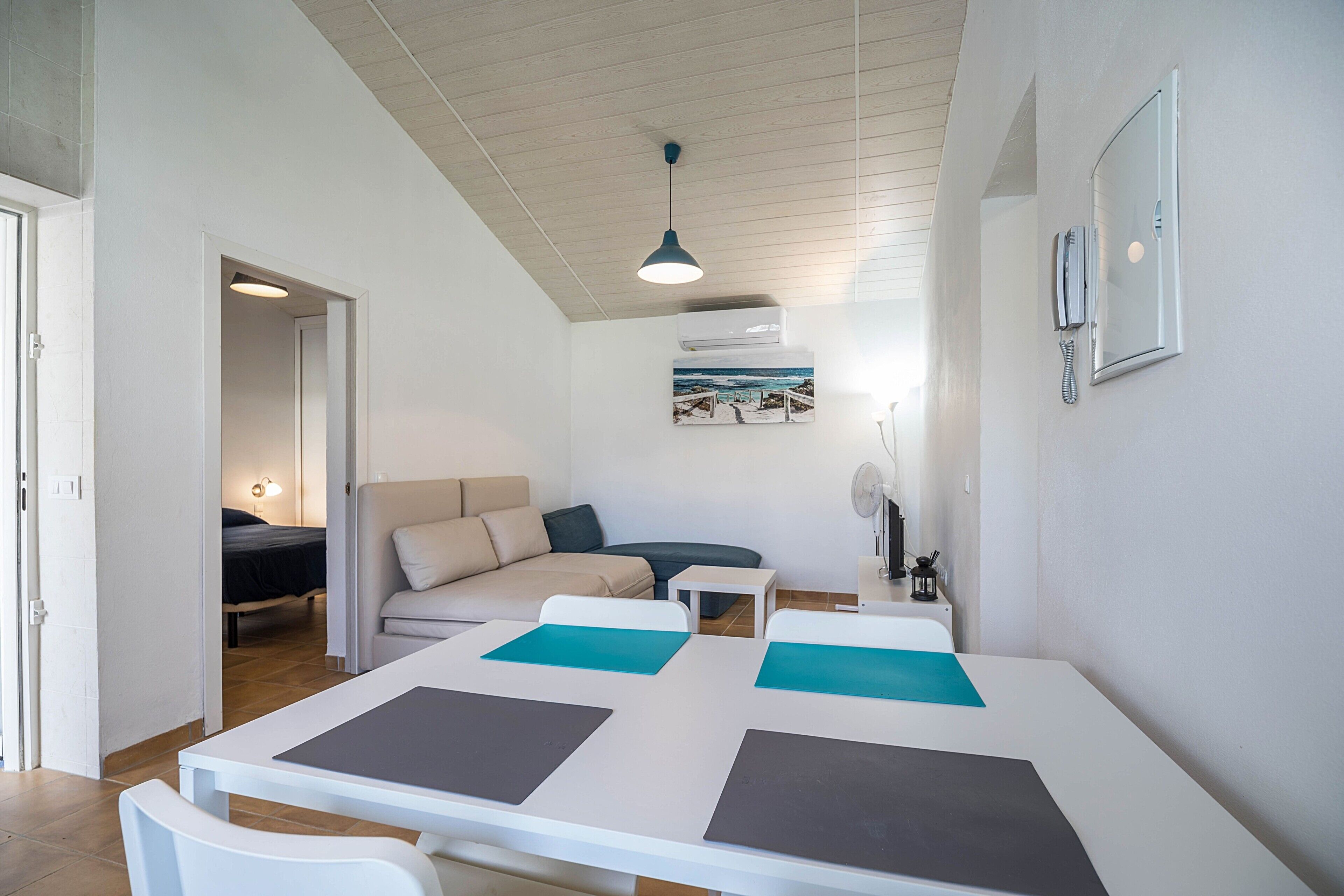 A modern room with a dining table, a sofa, a small table, and a ceiling fan.