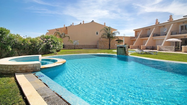 Una piscina con borde de piedra, una palmera y un edificio al fondo.