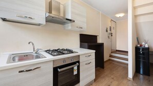 Cocina moderna con estufa a gas, pileta y electrodomésticos de acero inoxidable.