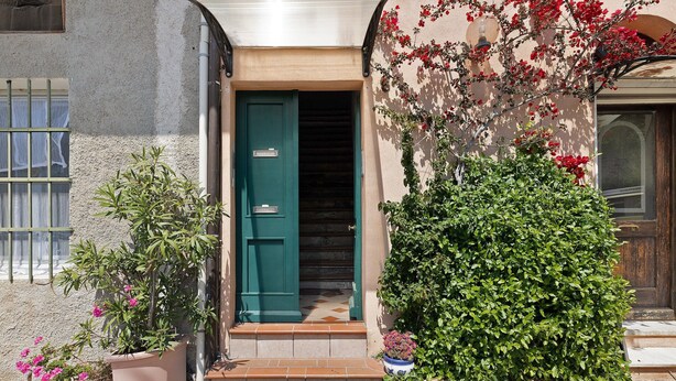 Una entrada de edificio con puerta verde, escalones y plantas en macetas.