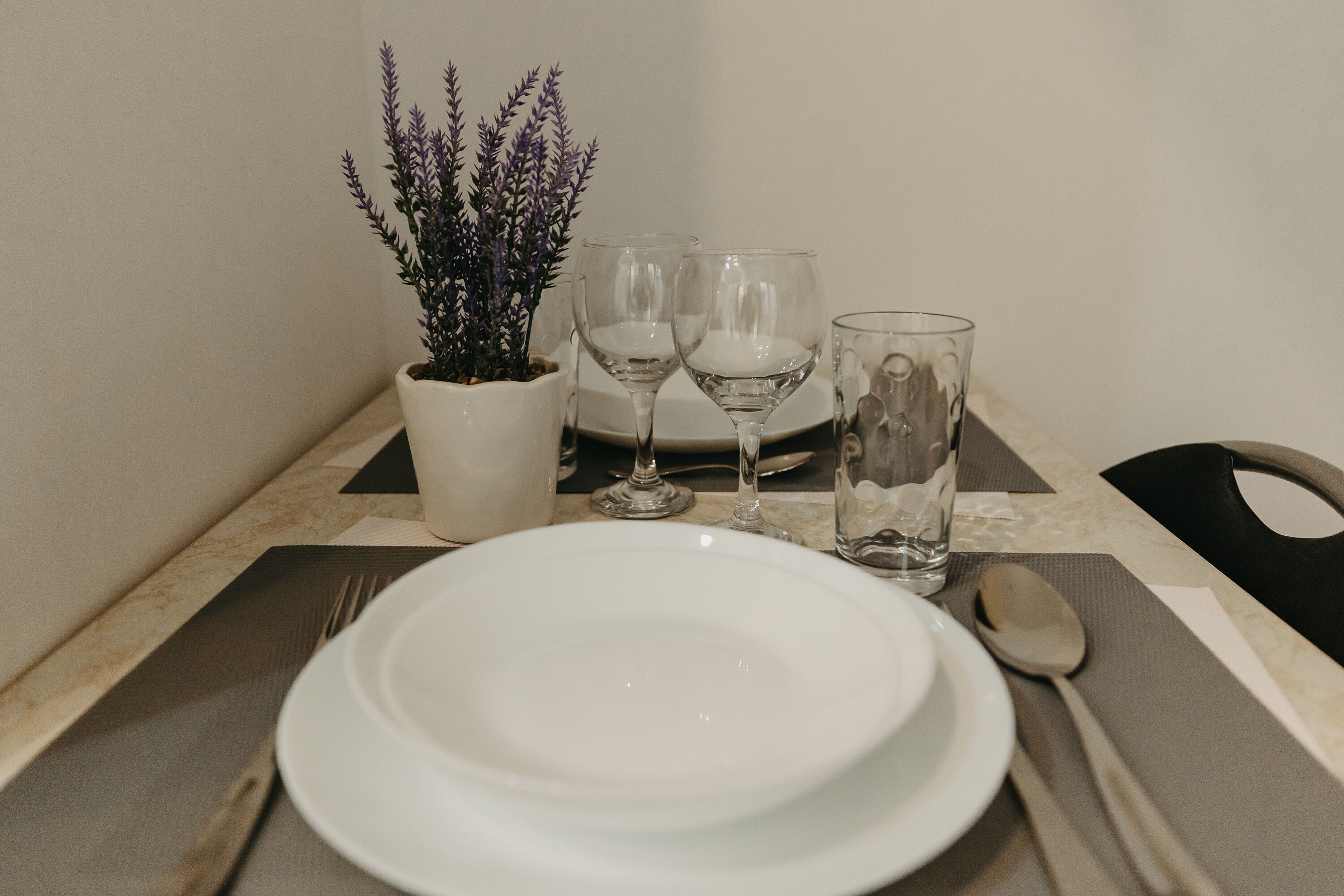 A neatly set dining table with a white plate, two wine glasses, a water glass, a spoon, and a fork. There is a potted plant with purple foliage to the left.
