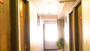 A hotel hallway with wooden doors, a potted plant, and a bright light source at the end. - Roomshala 028 Blu Lagoon (New Delhi)