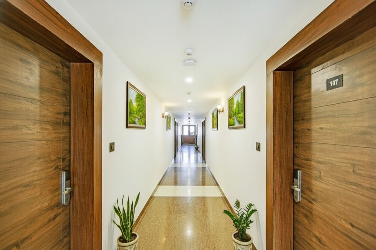 A hallway with wooden doors, potted plants, and framed pictures on the walls.