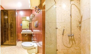 Een douche, een regendouche, gratis toiletartikelen, handdoeken