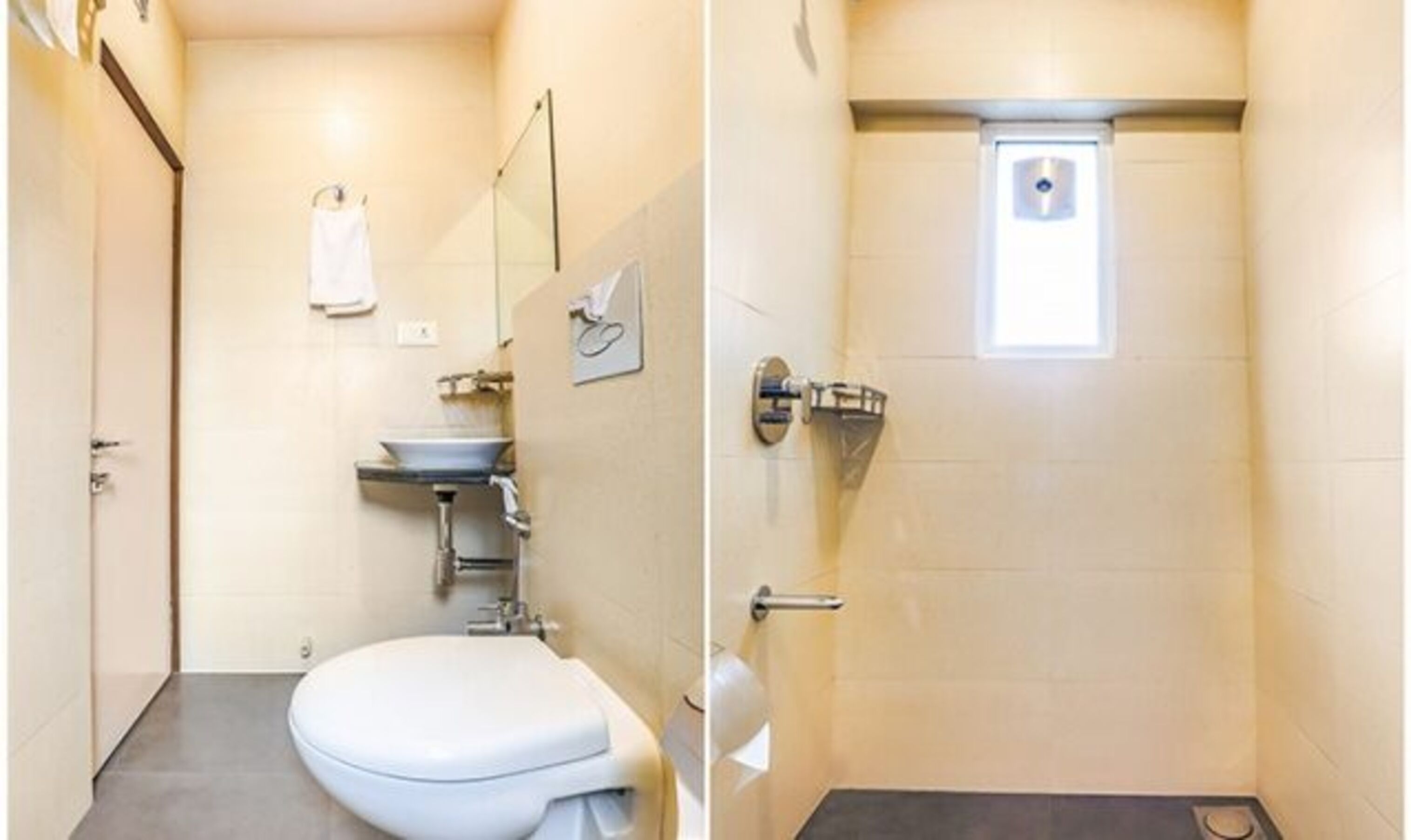 A small, compact bathroom with a toilet, sink, and shower.