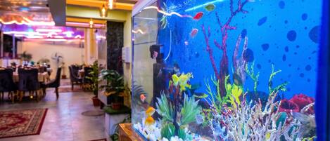 A large aquarium with various fish and coral, placed in a room with tables and chairs.