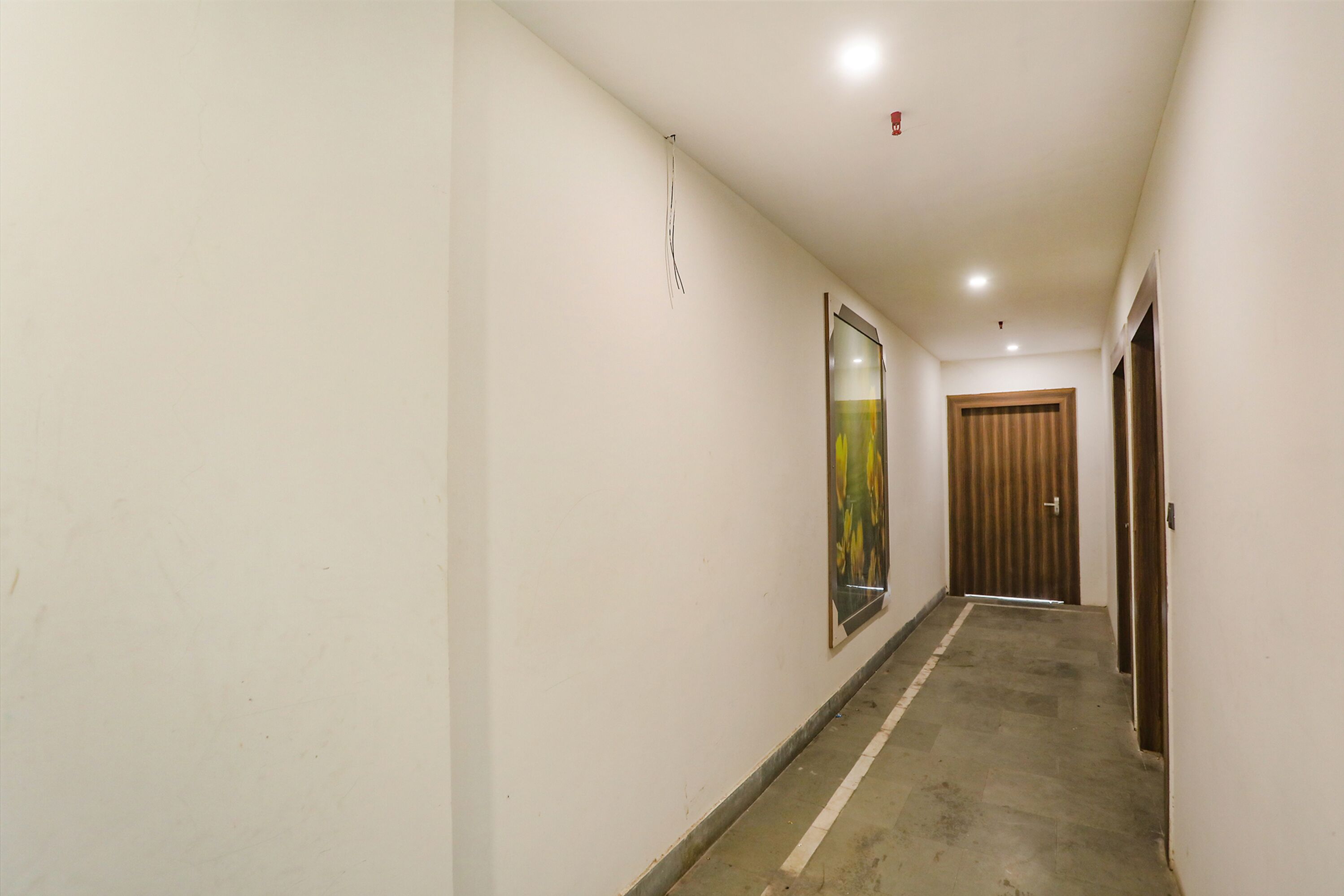 Un pasillo estrecho con una puerta al final, una lámpara en el techo y un cuadro en la pared.