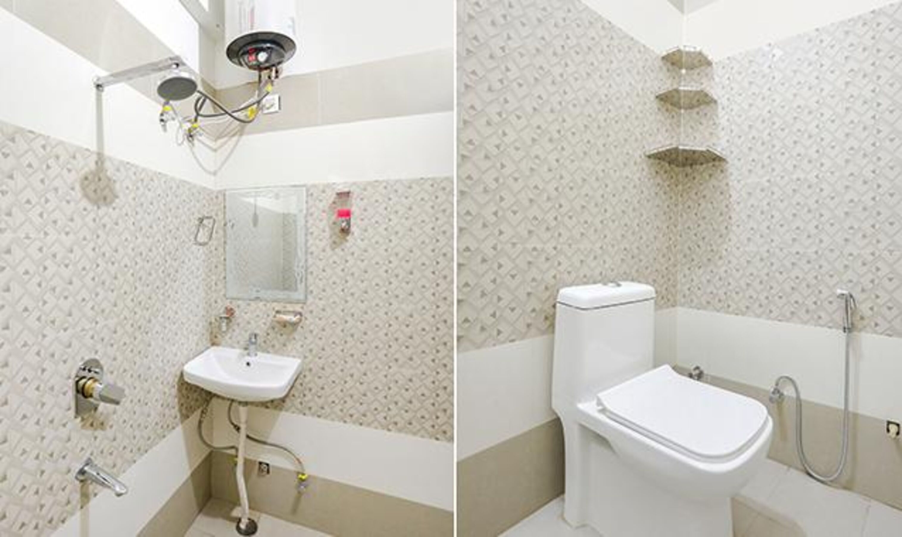 Ein Badezimmer mit Waschbecken, Spiegel und Toilette.
