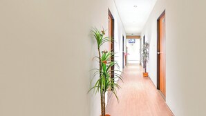 Un largo pasillo estrecho con piso de madera y paredes blancas. Hay plantas en macetas a lo largo de ambos lados.