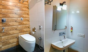 A bathroom with a wooden wall, a toilet, a shower, and a sink with a mirror. - Fabhotel Maxx Inn (New Delhi)