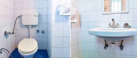 A bathroom with a toilet, a sink, and a mirror.