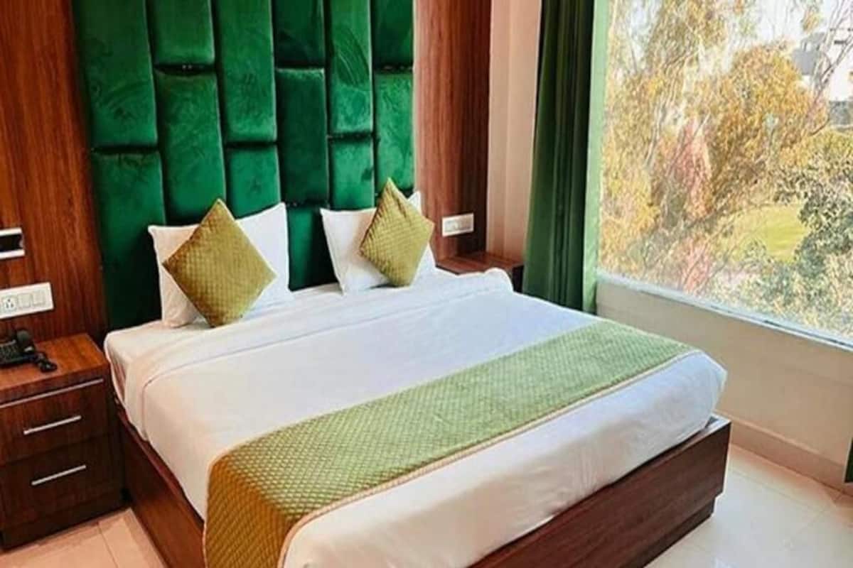 A hotel room with a large bed, a wooden nightstand, and a view of trees through the window.