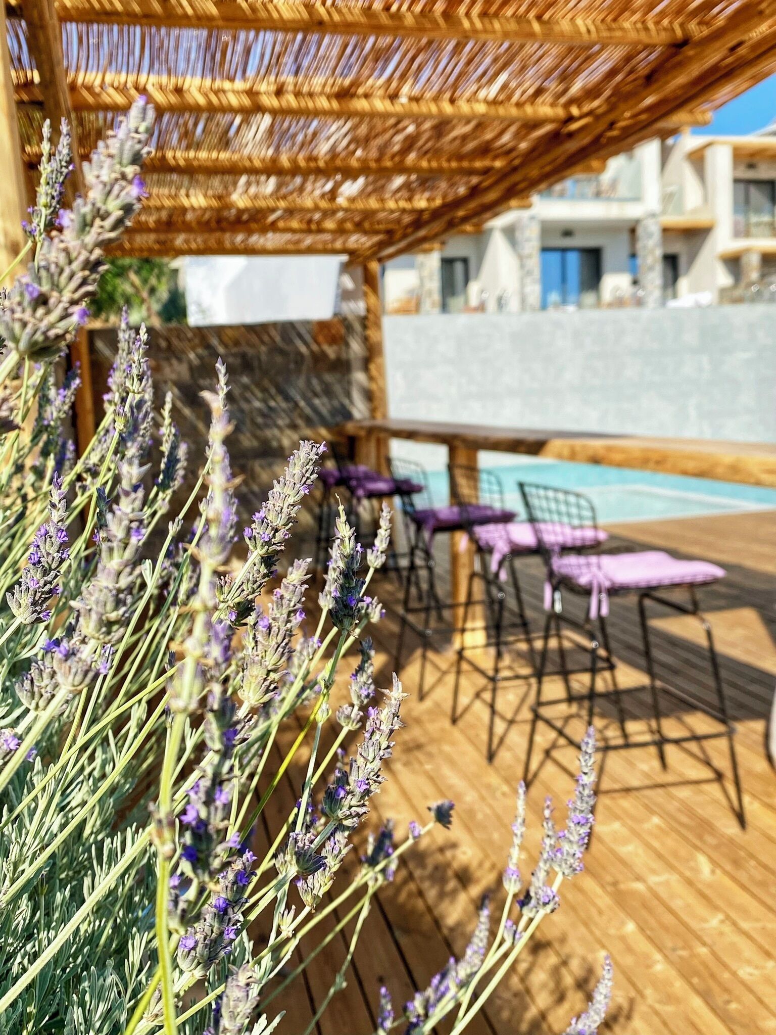 A wooden deck with a pool, outdoor seating, and a pergola.