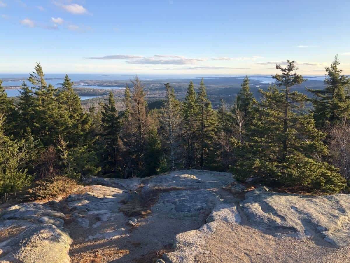 En stenig terräng med gles vegetation och en avlägsen utsikt över en stadsbild.