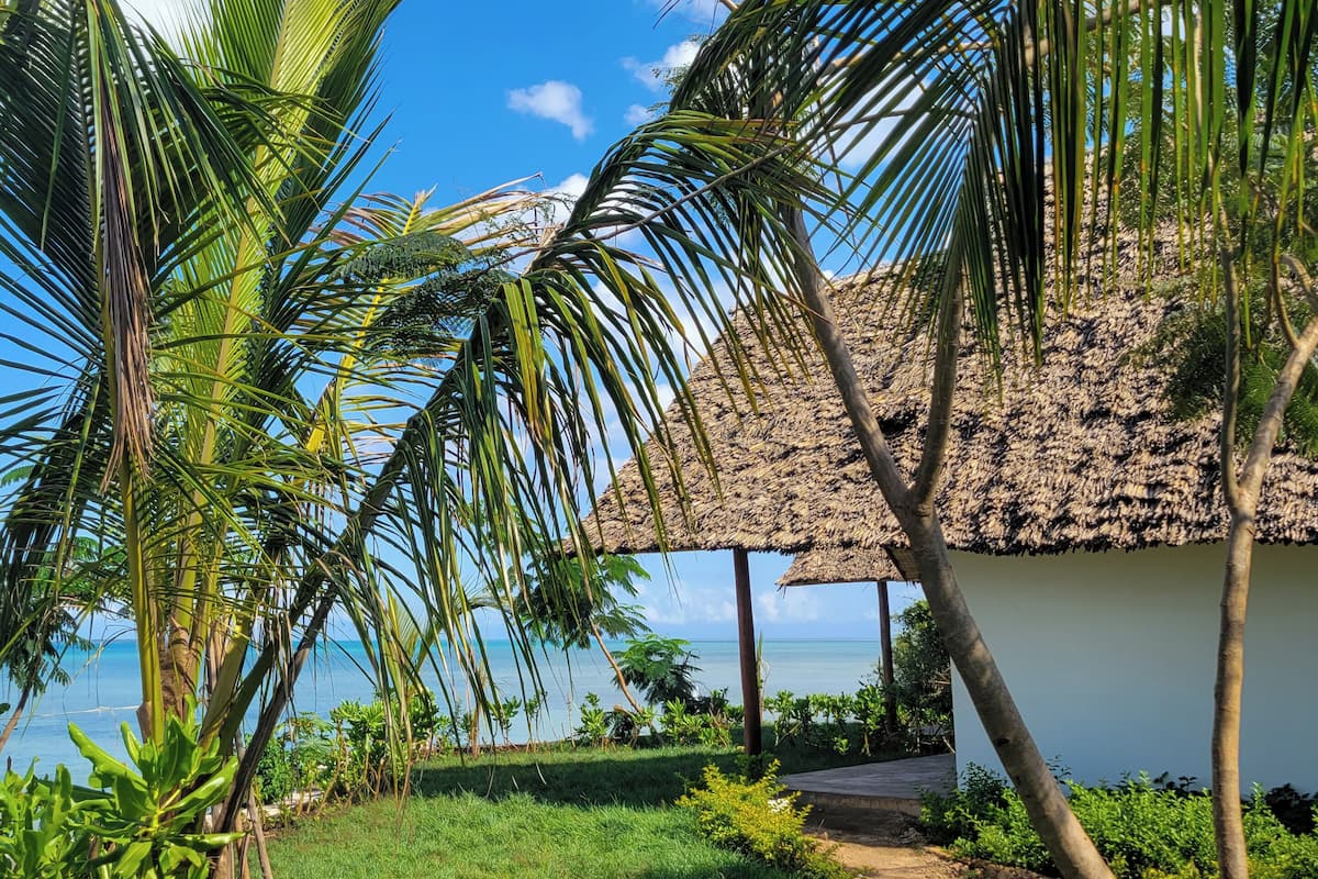 A thatched-roof hut with a view of the sea, surrounded by lush greenery and palm trees.