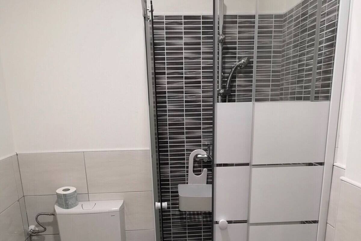 A bathroom with a toilet, bidet, and a glass-enclosed shower area.