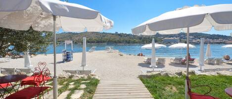 Nära stranden och solstolar