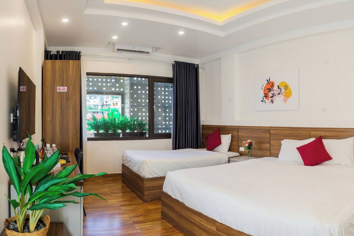 A hotel room with two beds, a TV, a window with curtains, a plant, and a wall art piece.