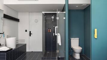 Une salle de bain moderne équipée d’une douche, de toilettes et d’un lavabo.