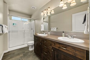 Combined shower/bathtub, hair dryer, towels