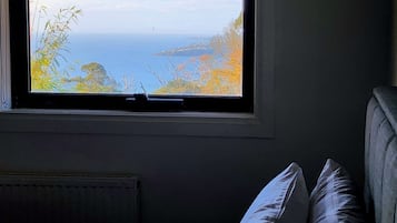 A bedroom with a window overlooking a coastal view.