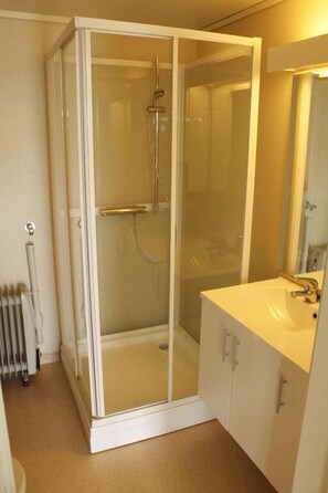 A bathroom with a glass-enclosed shower, a white sink, and a mirror.
