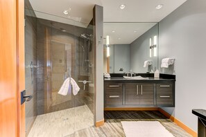 Shower, hair dryer, towels - 🌆One-of-a-Kind Downtown TC Penthouse | Luxe Design + Walk to Bay, Dining, Shops & Events ➠ 400W (Traverse City)