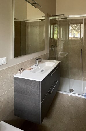 Dusche, kostenlose Toilettenartikel, Haartrockner, Handtücher