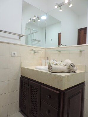 Hair dryer, towels, toilet paper