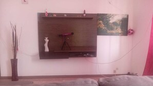 Un saló amb televisió penjada, un trípode, un ram de flors en un vas i un quadre a la paret.