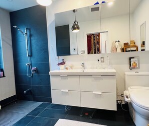 Een douche, een haardroger, handdoeken, zeep